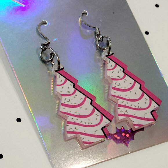 Pink Christmas Tree Cake Earrings Stainless Steel Hooks Holiday Earrings Funky - Picture 6 of 6